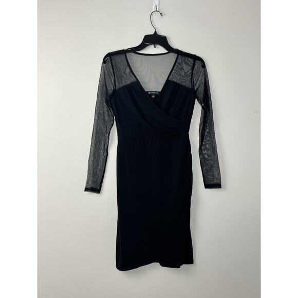 INC Illusion Sleeve Sheath Dress XS Black Sheer Mesh Ruched Cocktail Evening - Picture 1 of 10
